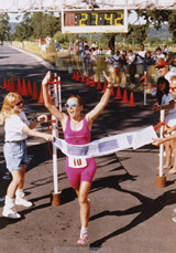 Lowe finishes the 1991 Vineman Irondistance Triathlon in record time. 